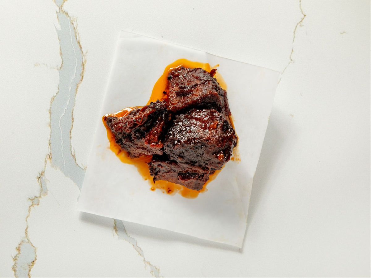 Sauced brisket burnt ends at Embark Smoked Meats, Boonton NJ