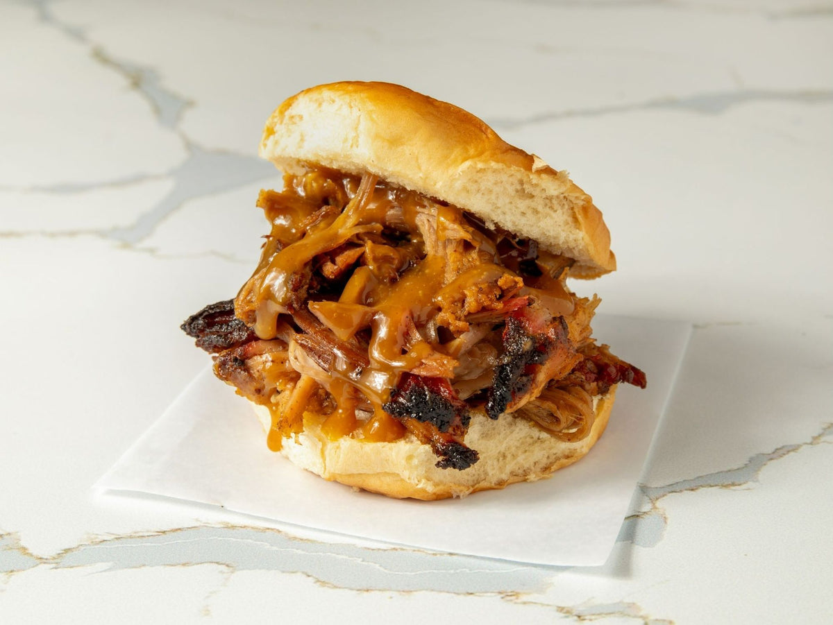Pulled pork sandwich with BBQ sauce at Embark Smoked Meats, Boonton NJ