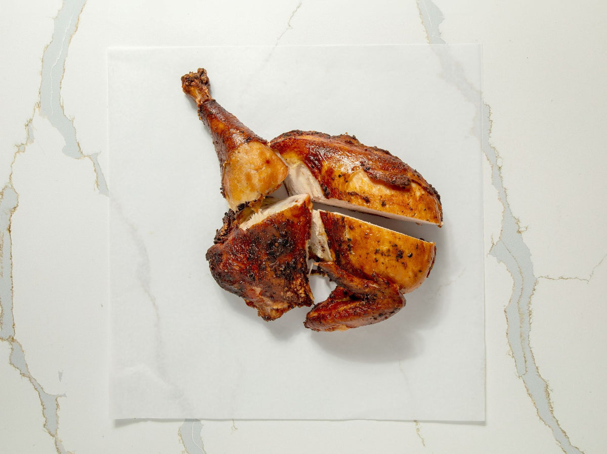 Smoked half chicken with crispy skin at Embark Smoked Meats, Boonton NJ